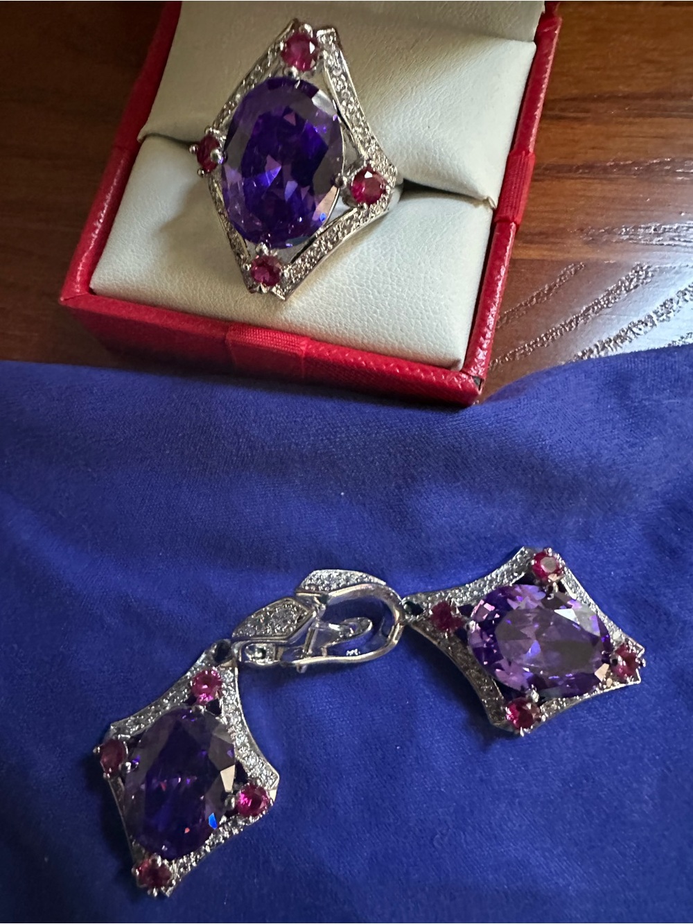 Elegant Purple Crystal Drop Errings and Ring with Pink Accents